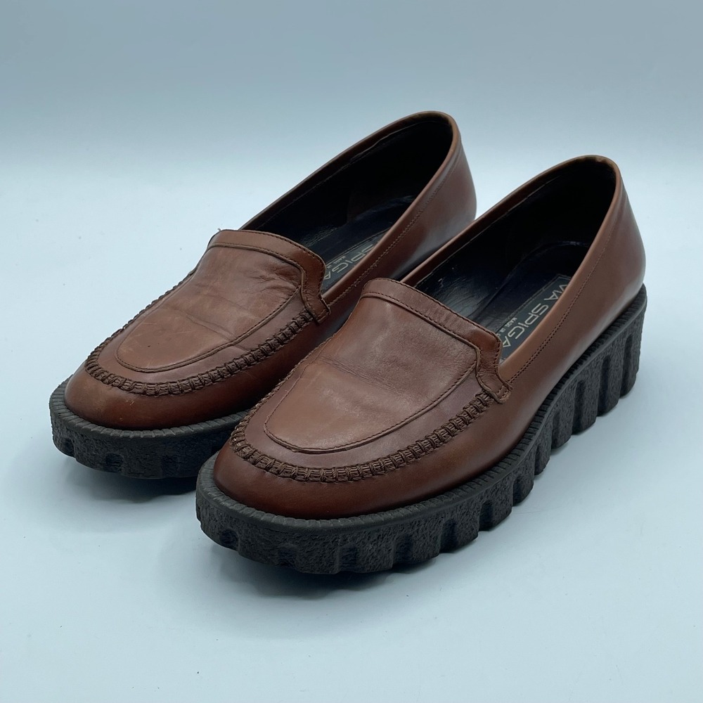 Via Spiga Brown Leather Platform Loafers Chunky Lug Sole Made in Italy 7M